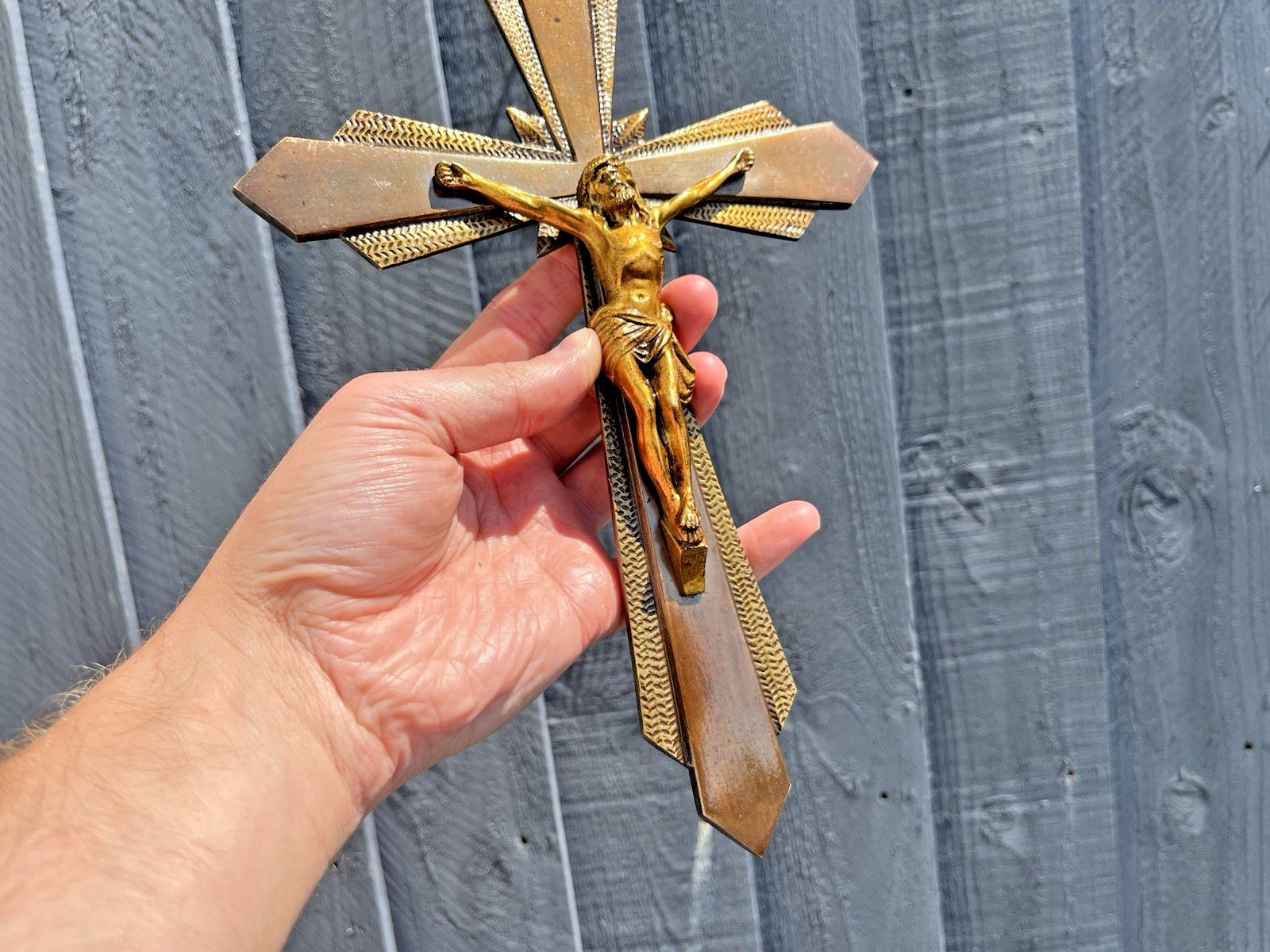 Antique Art Deco French Brass Bronzed Wall Hanging Crucifix Church Cross Jesus photo 95.0