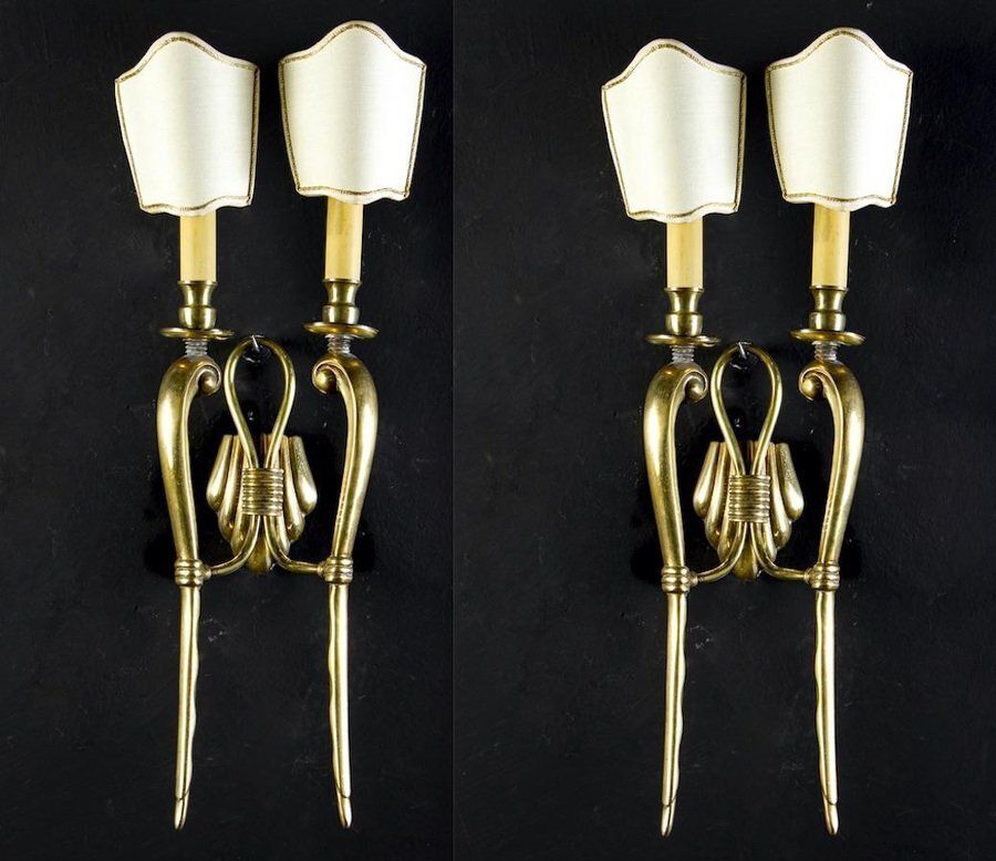 Set Of Mid Century Brass Sconces Or Wall Lights, Italy, 1940s photo furniture