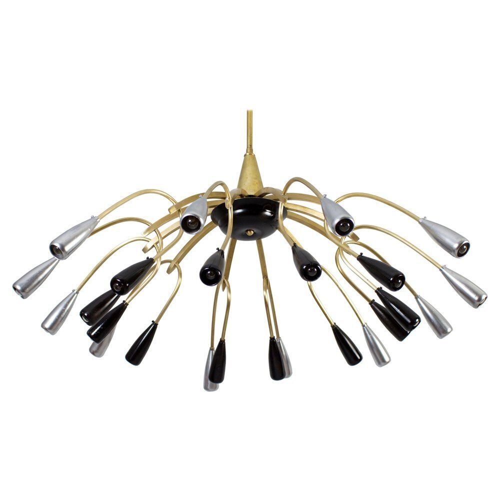 Mid Century Brass And Murano Glass Chandelier In The Style Of Stilnovo, 1950s