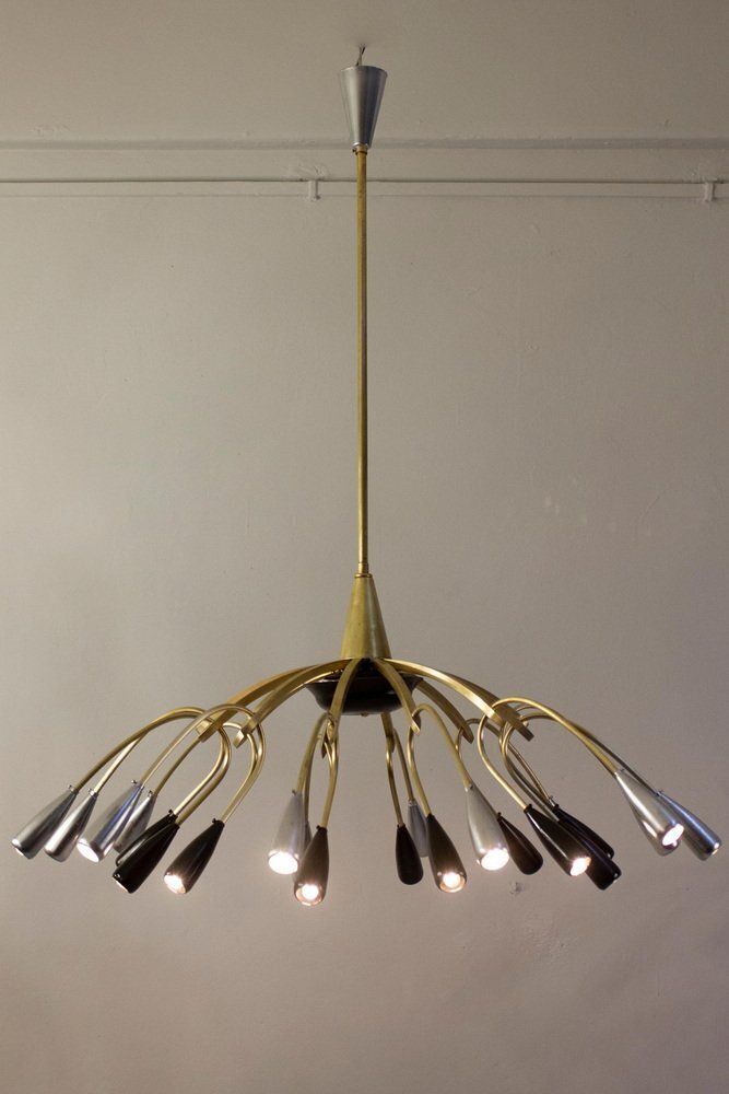 Mid Century Brass And Murano Glass Chandelier In The Style Of Stilnovo, 1950s photo vintage