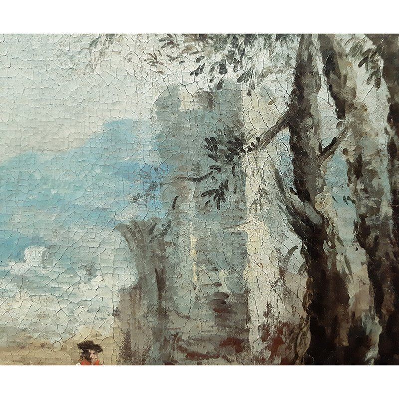 Landscape With Characters By The River, Oil On Canvas, Framed photo for sale