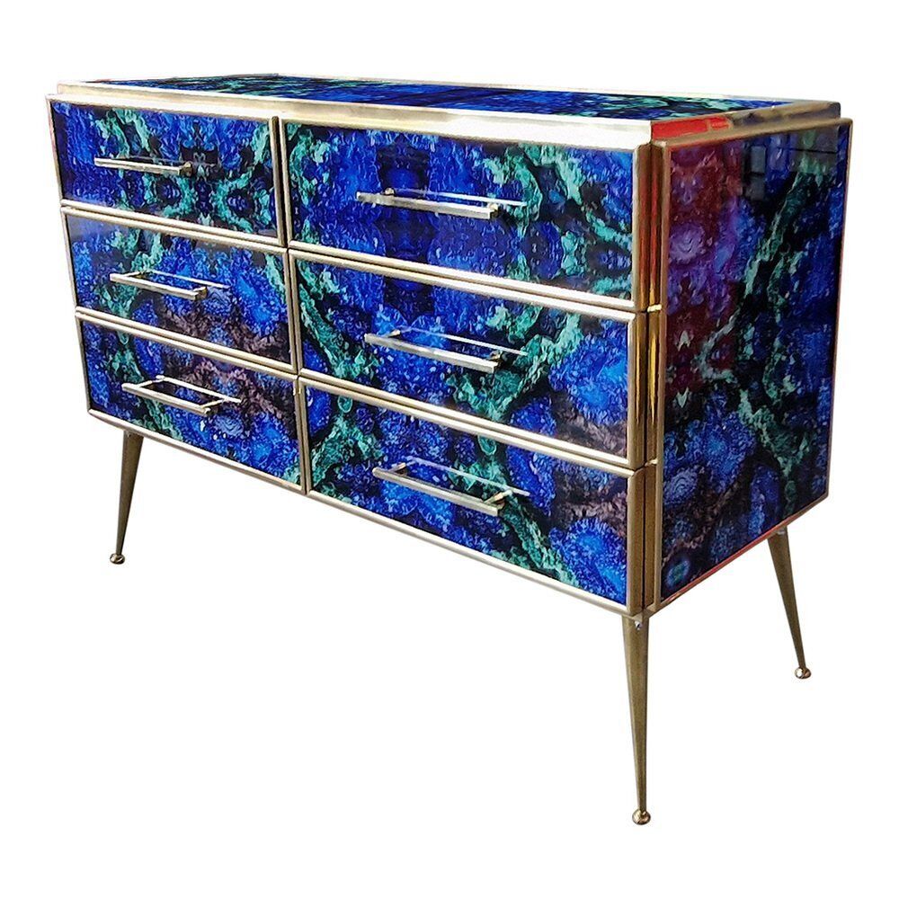 Wooden Dresser In Lapis Lazuli Glass With Six Drawers, 1980s photo buy
