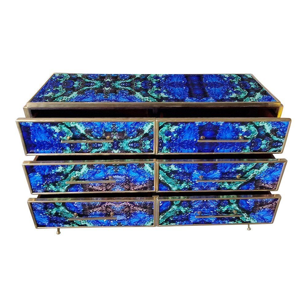 photo for sale Wooden Dresser In Lapis Lazuli Glass With Six Drawers, 1980s
