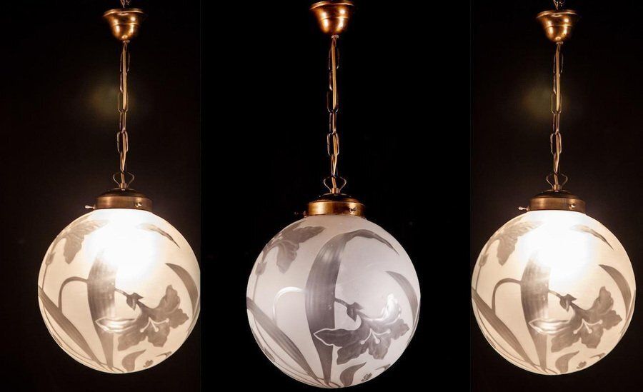 Liberty Engraved Glass Sphere Chandelier Or Lantern, Italy, 1940 photo Lighting