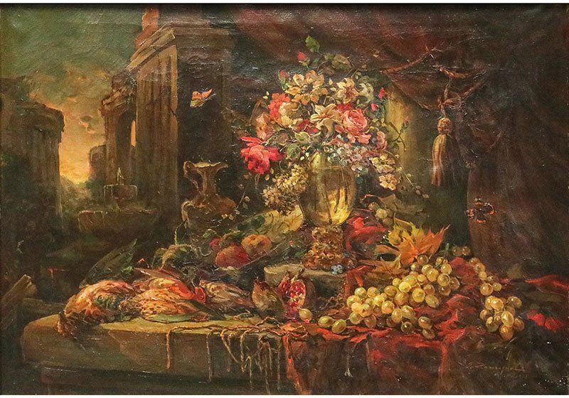 G. Zampogna, Dead Nature Of Flowers And Fruit, 1952, Oil On Canvas, Framed