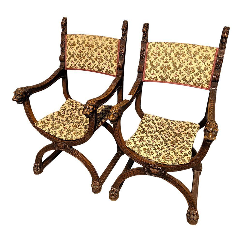 Set Of Renaissance Style Armchairs In Walnut