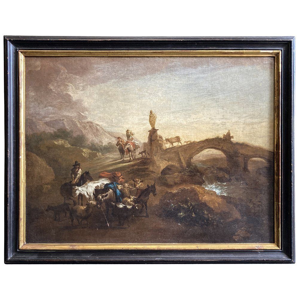 Nicolaes Berchem, Paesaggio Latino Con Viandanti E Armenti, 1600s, Oil On Canvas, Framed photo furniture