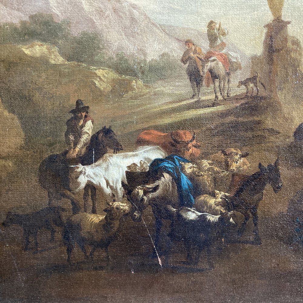 Nicolaes Berchem, Paesaggio Latino Con Viandanti E Armenti, 1600s, Oil On Canvas, Framed photo Art