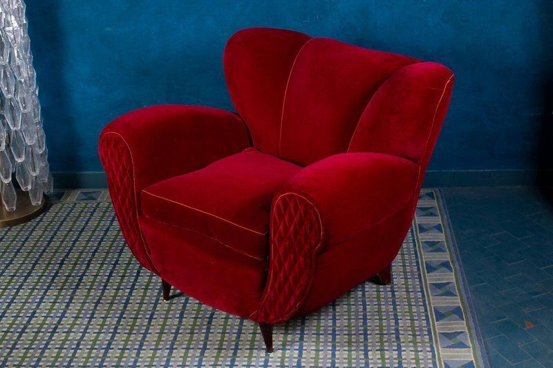 Set Of Mid Century Red Velvet Lounge Chairs, 1940s photo for sale