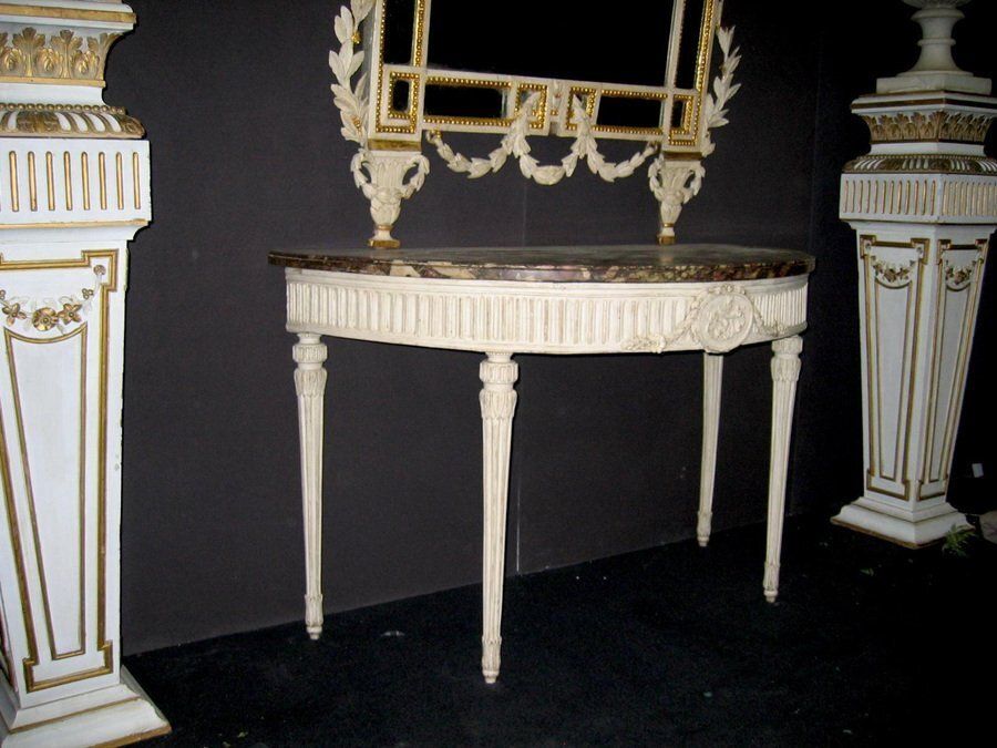 photo furniture 18th Century Italian Louis XVI Ivory Painted Demilune Console Table
