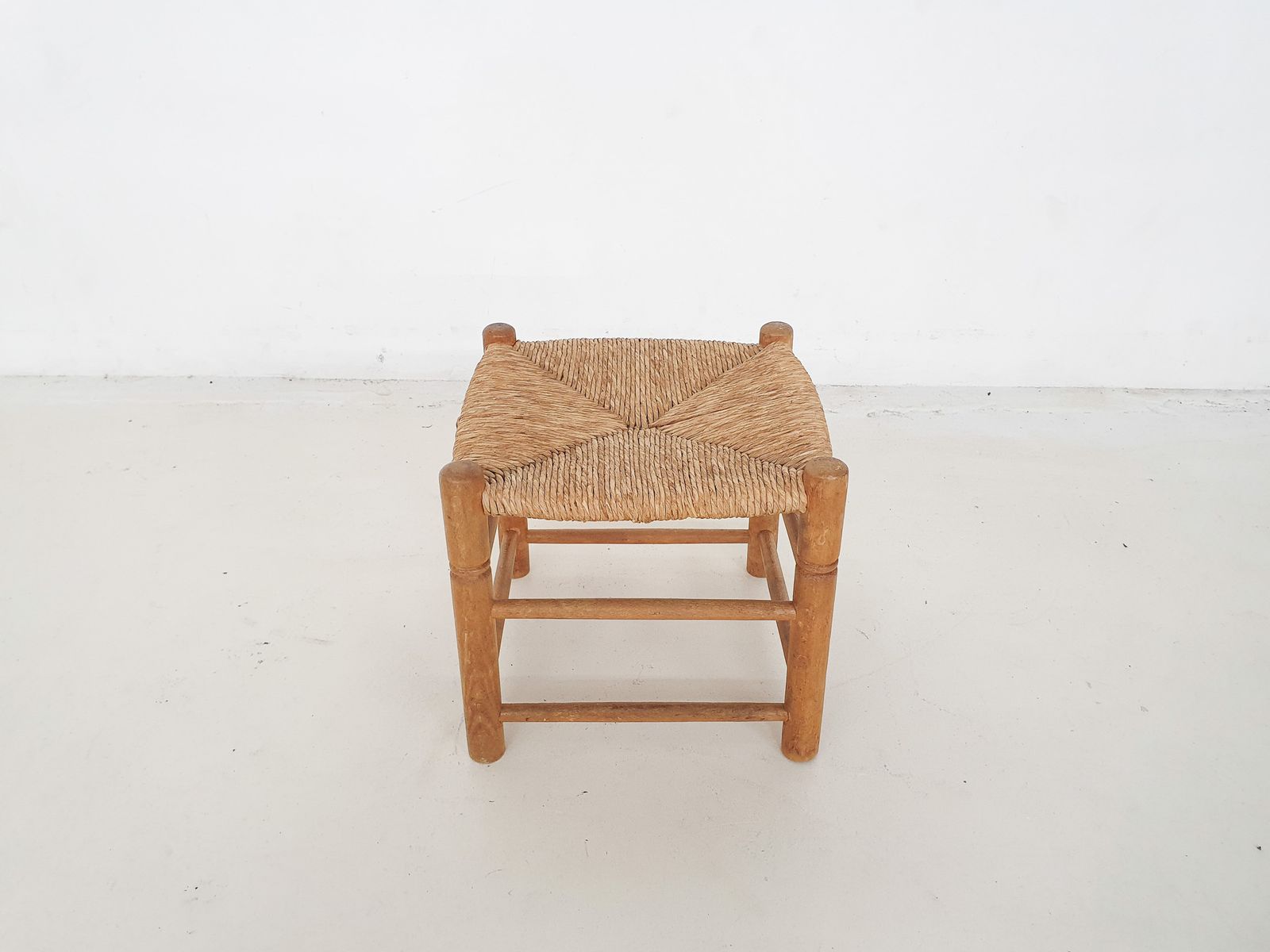 Vintage Rattan And Wooden Stool, France, 1960's photo vinterior