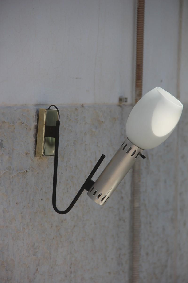 Midcentury Italian Sconce White Glass Black Metal Brass Aluminum, Stilnovo photo for sale