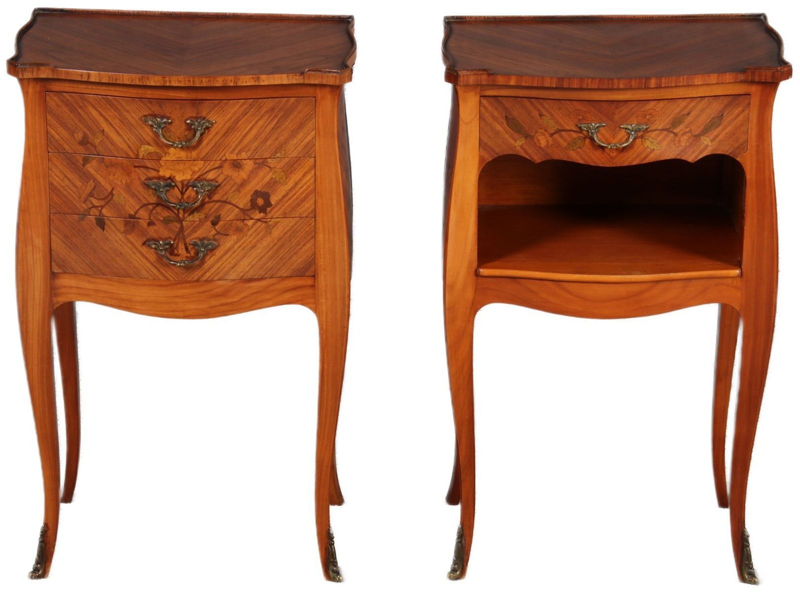 Antique Louis XV Style Bedside Tables With Floral Inlays, 1915, Set Of 2