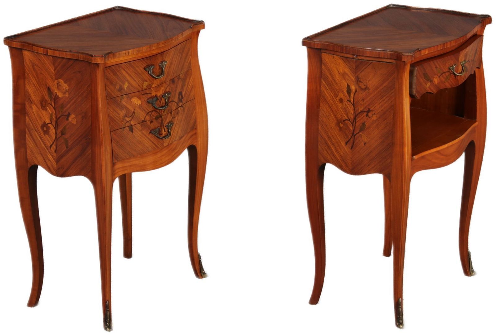 Antique Louis XV Style Bedside Tables With Floral Inlays, 1915, Set Of 2 photo for sale