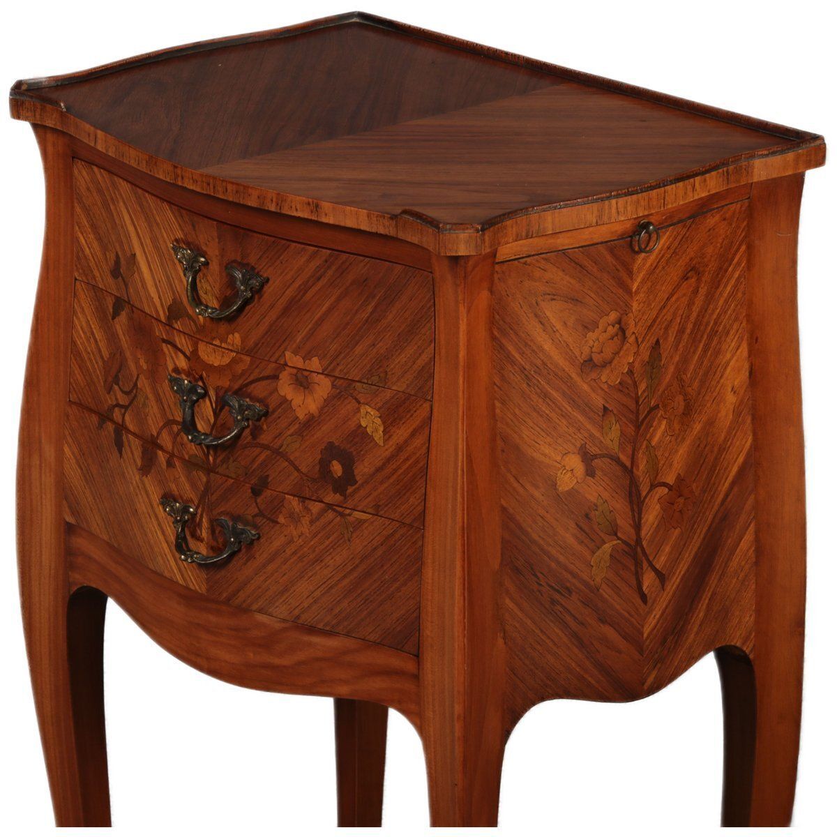 photo vinterior Antique Louis XV Style Bedside Tables With Floral Inlays, 1915, Set Of 2