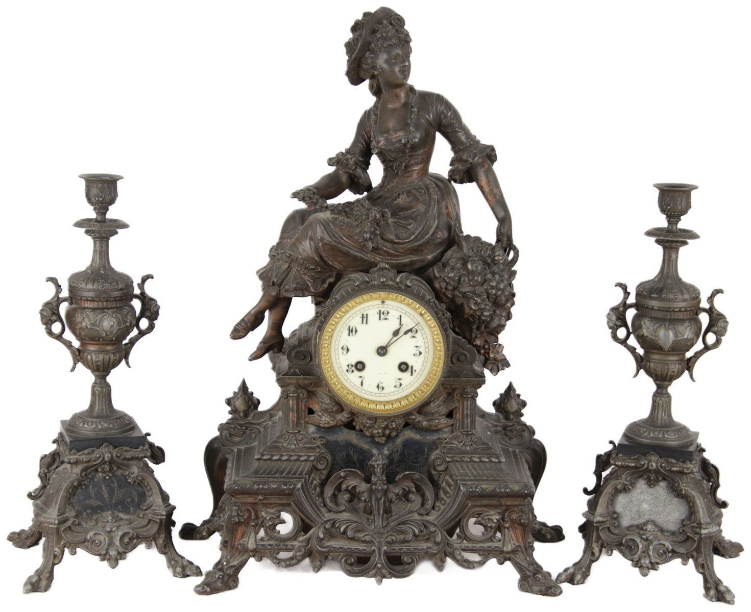 French Fireplace Clock In Bronze With Brass Movement By S. Marti & Cie, 1870s, Set Of 3