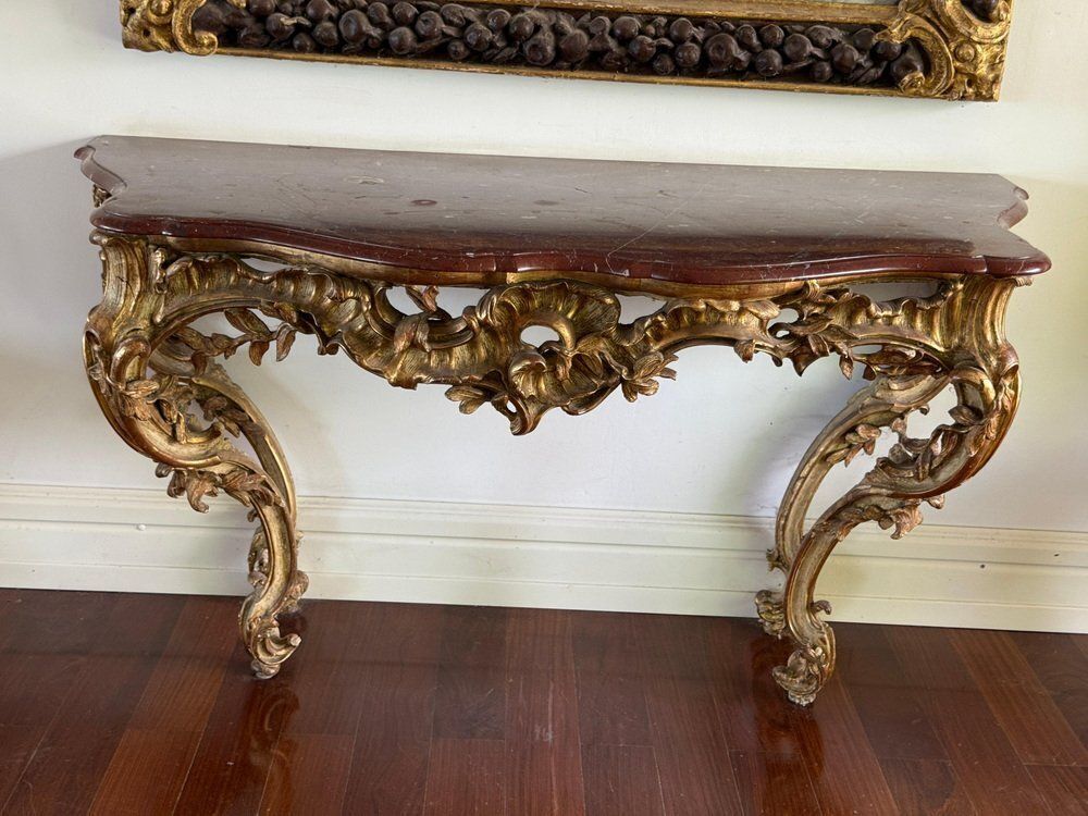 Furniture Large Mid 18th Century French Giltwood Rococo Console Table With Marble Top, 1740s photo