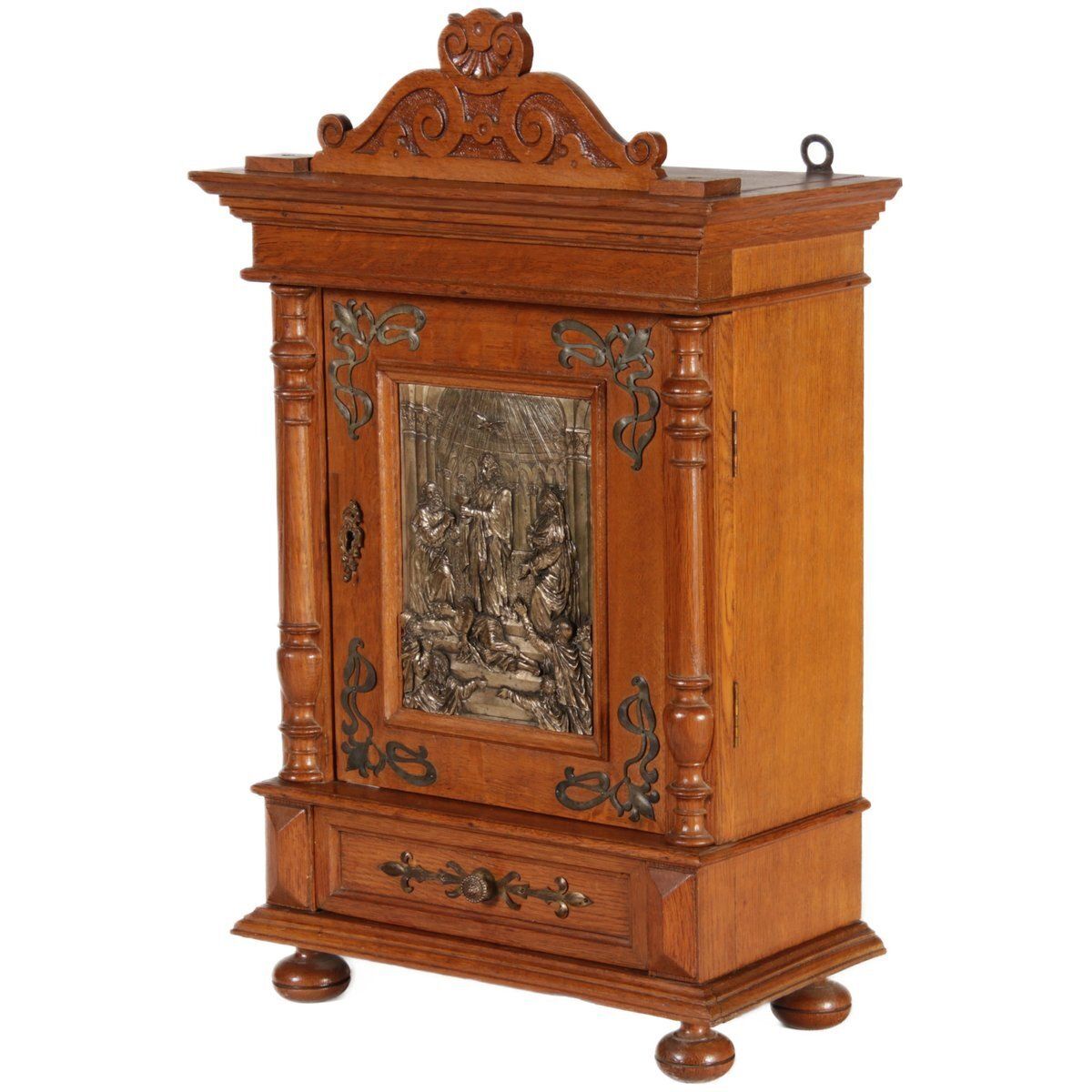 Antique Art Nouveau Hanging Cabinet Wall Cabinet Oak Brass Relief, 1900 photo for sale
