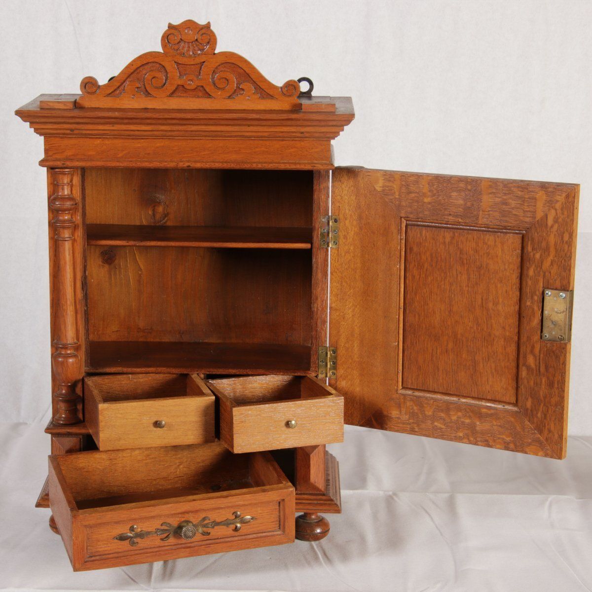 Furniture Antique Art Nouveau Hanging Cabinet Wall Cabinet Oak Brass Relief, 1900 photo
