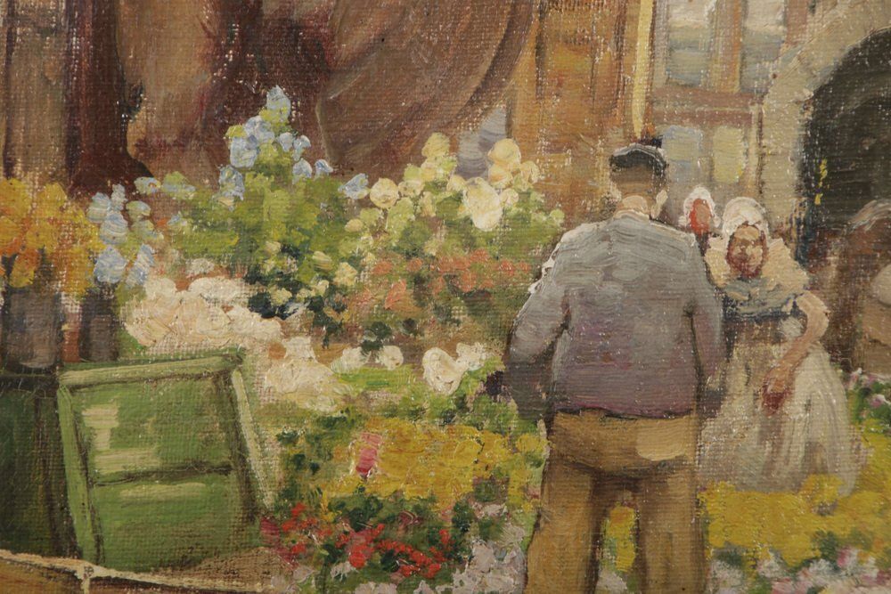 photo vinterior R. Hornemann, Flower Market On The Canal In Amsterdam, 1900s, Oil On Canvas