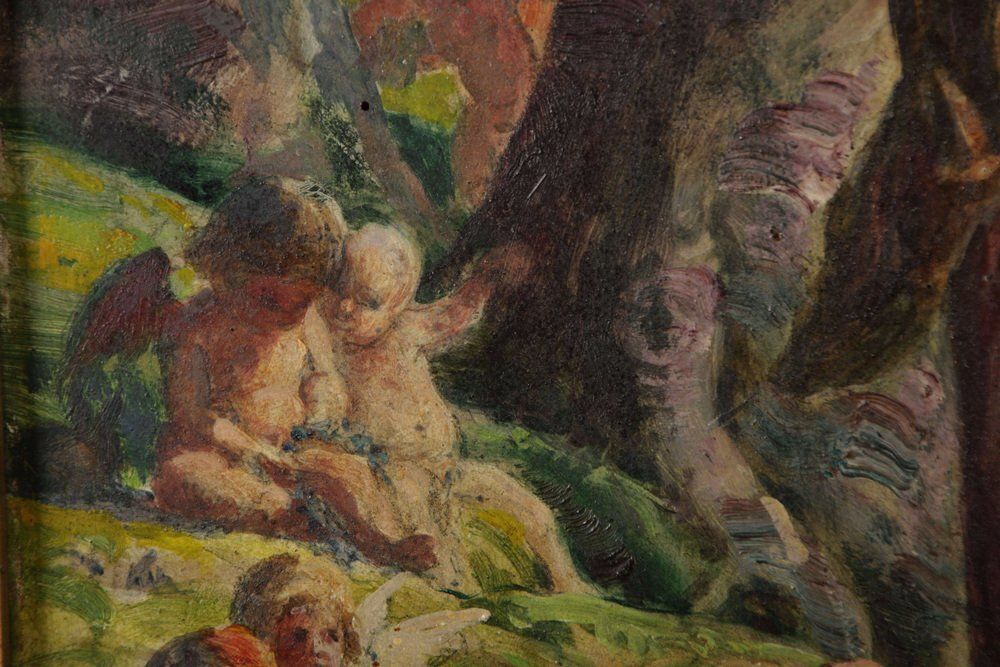 photo vintage Thomas Riss, Forest Devotion, 1910, Oil Painting, Framed