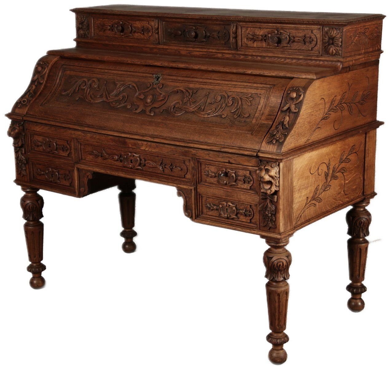 Antique Secretary Desk With Carved Oak, 1881 photo for sale