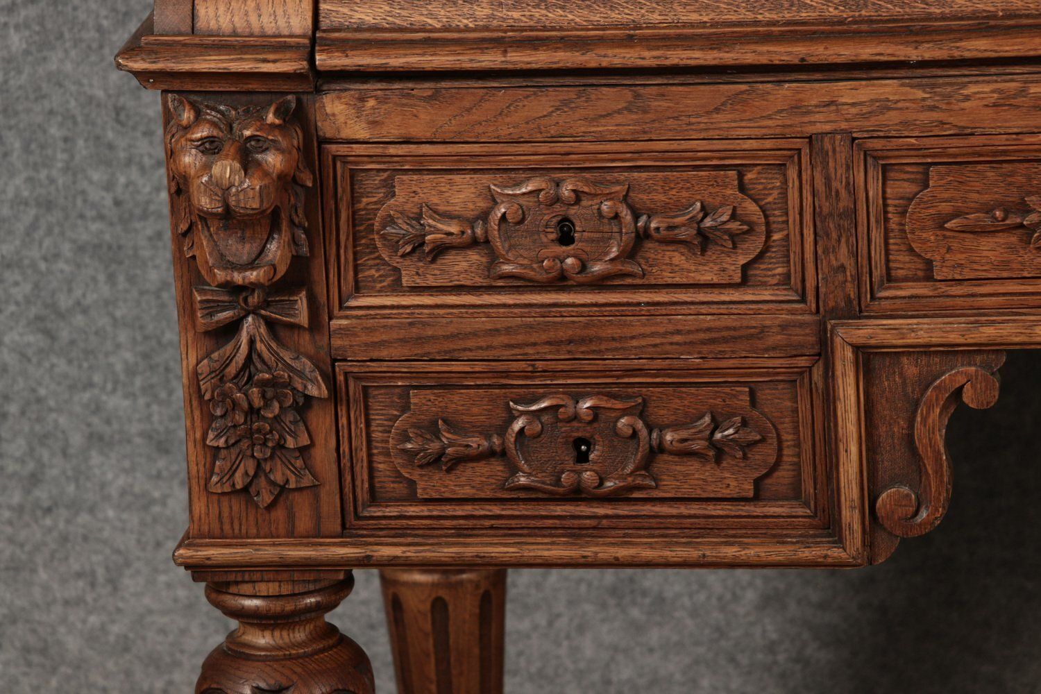 Antique Secretary Desk With Carved Oak, 1881 photo vinterior
