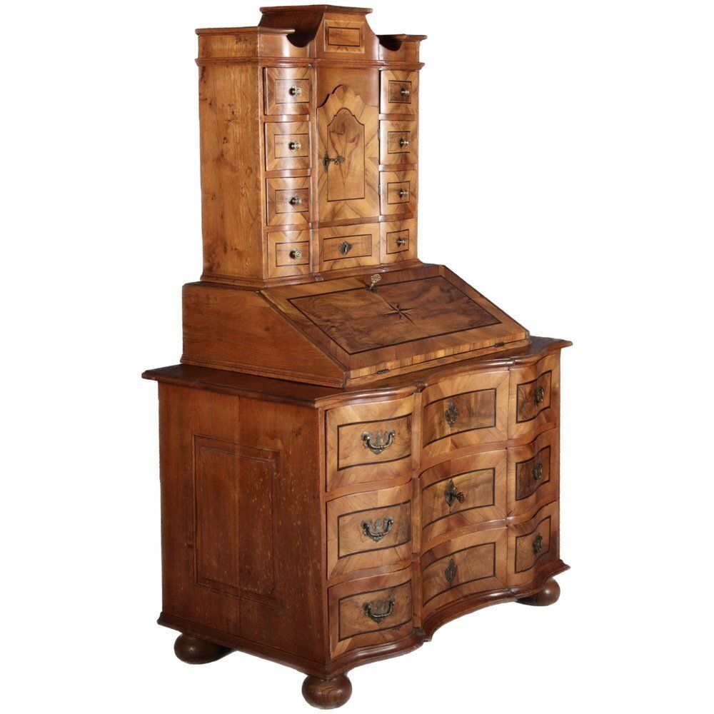 Antique 18th Century Baroque Tabernacle Secretary In Oak With Walnut Veneer, 1730s photo furniture