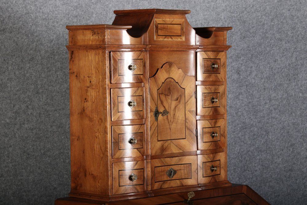 Antique 18th Century Baroque Tabernacle Secretary In Oak With Walnut Veneer, 1730s photo vinterior