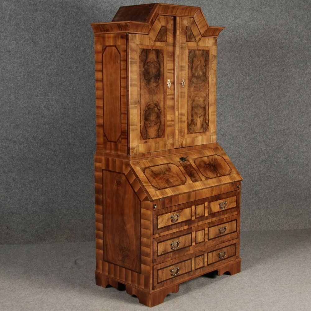 photo for sale Baroque Narrow Secretary In Walnut Veneer, 18th Century