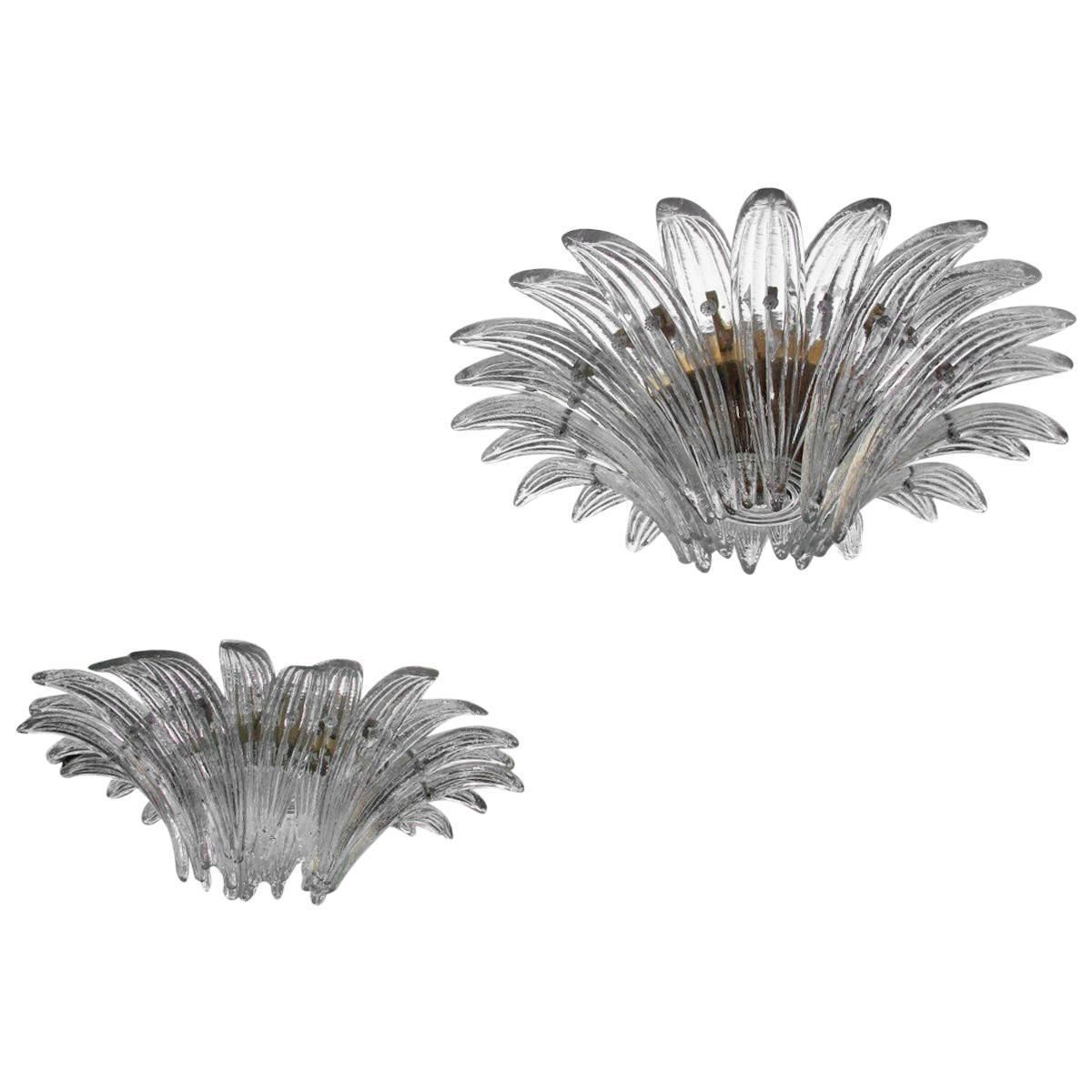 Pair Of Chandelier Palmette Barovier Design Italy 1970s Transparent Glass Round