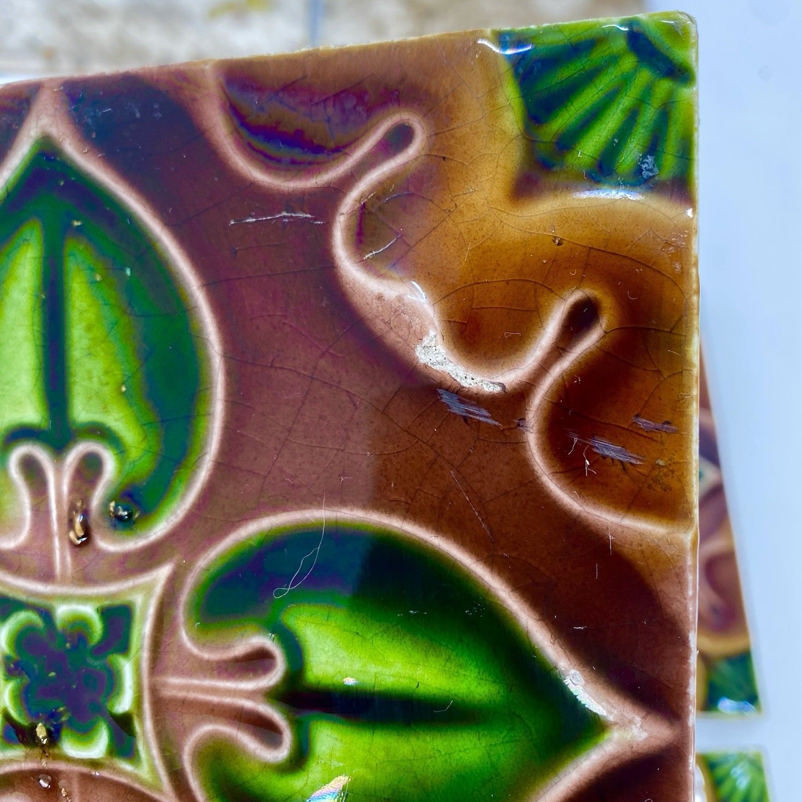 photo furniture Antique Art Nouveau Majolica Tiles C1900 Green Brown Floral 15cm Made In England