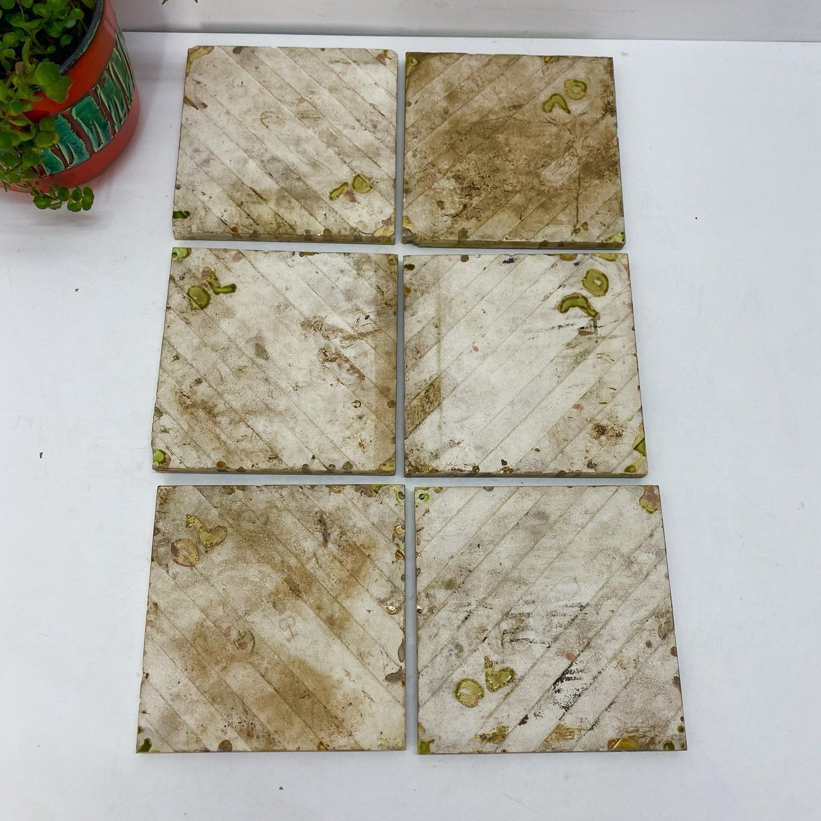 Home Fixtures Antique Art Nouveau Majolica Tiles C1900 Green Brown Floral 15cm Made In England photo