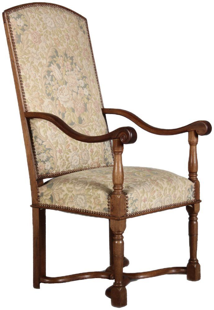 Antique Armchair With Floral Cover In Walnut, 1880