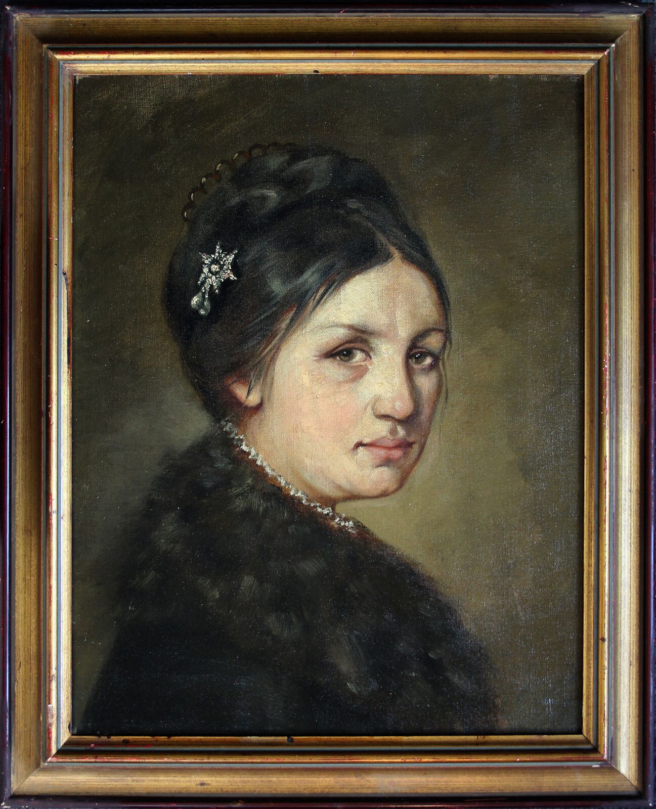 Biedermeier Portrait Of A Young Beautiful Lady With Fur Collar 19th Century photo buy