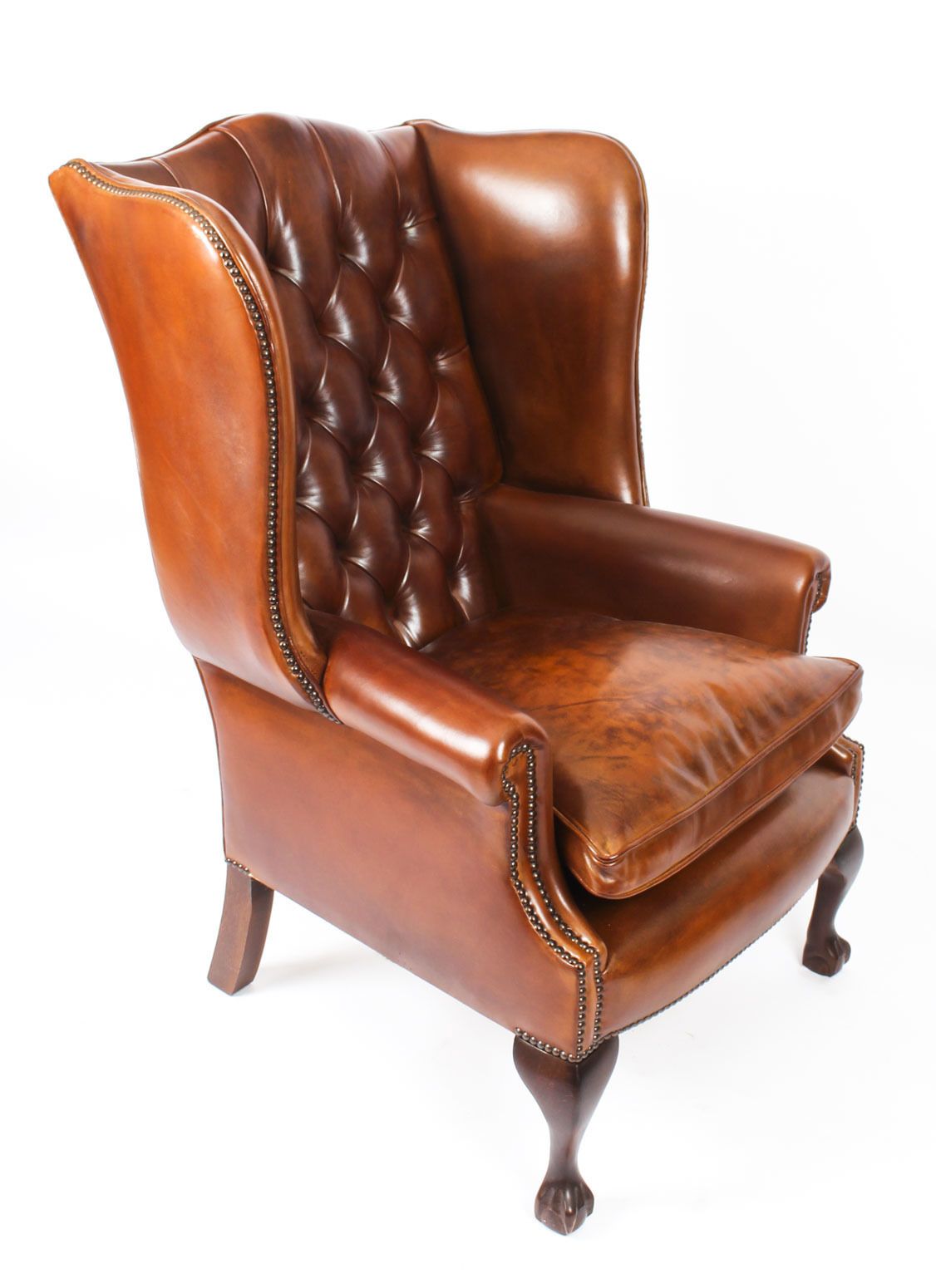 Bespoke Leather Chippendale Wing Back Chair Armchair Burnt Amber photo buy