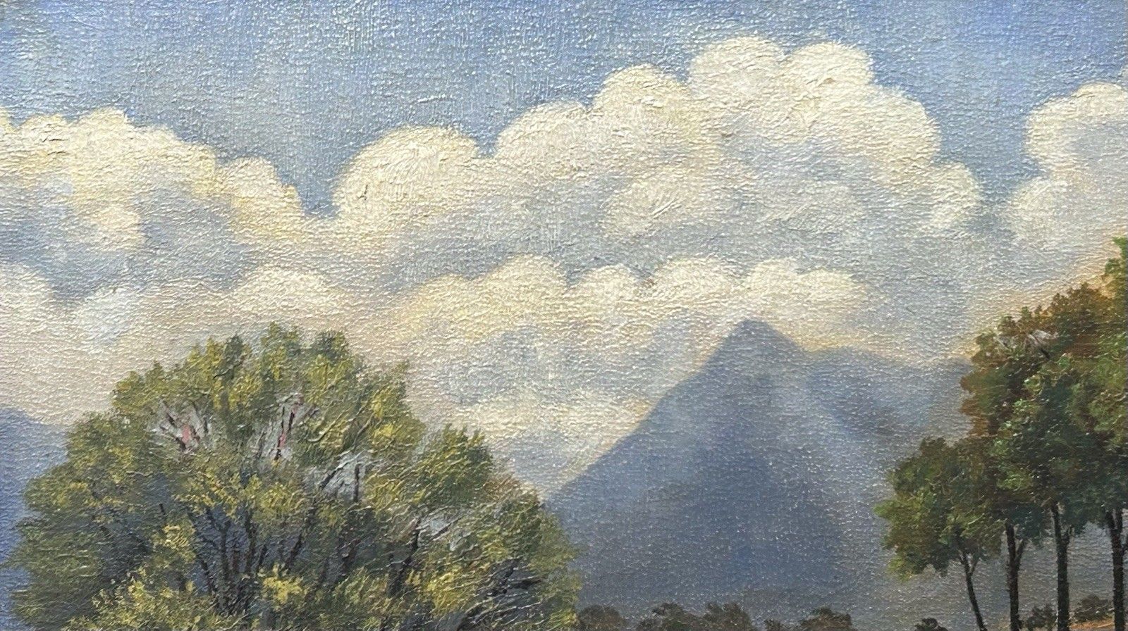 Antique Original Oil Painting On Cardboard, Landscape Mountain, Signed, Framed photo furniture
