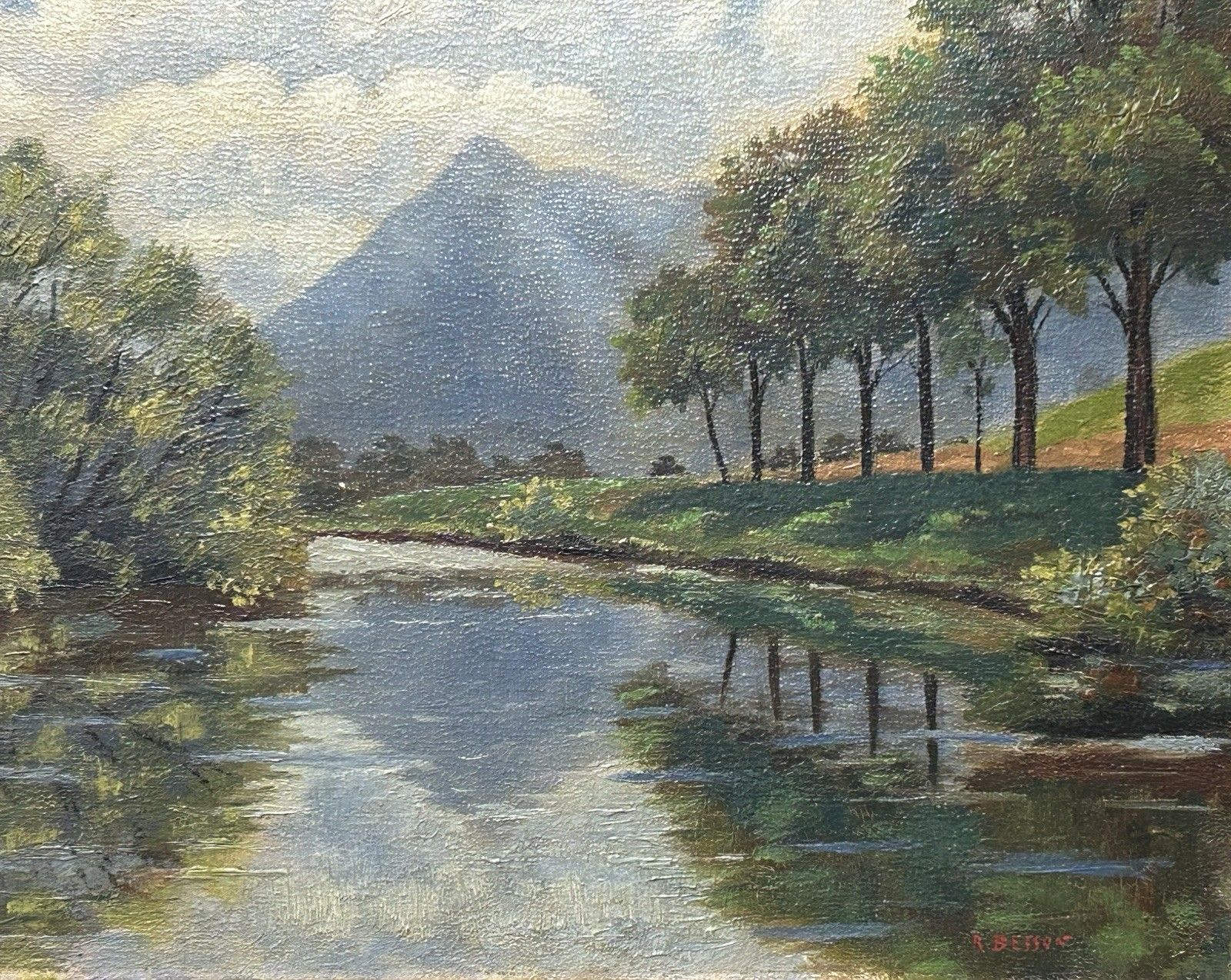 Antique Original Oil Painting On Cardboard, Landscape Mountain, Signed, Framed photo Art