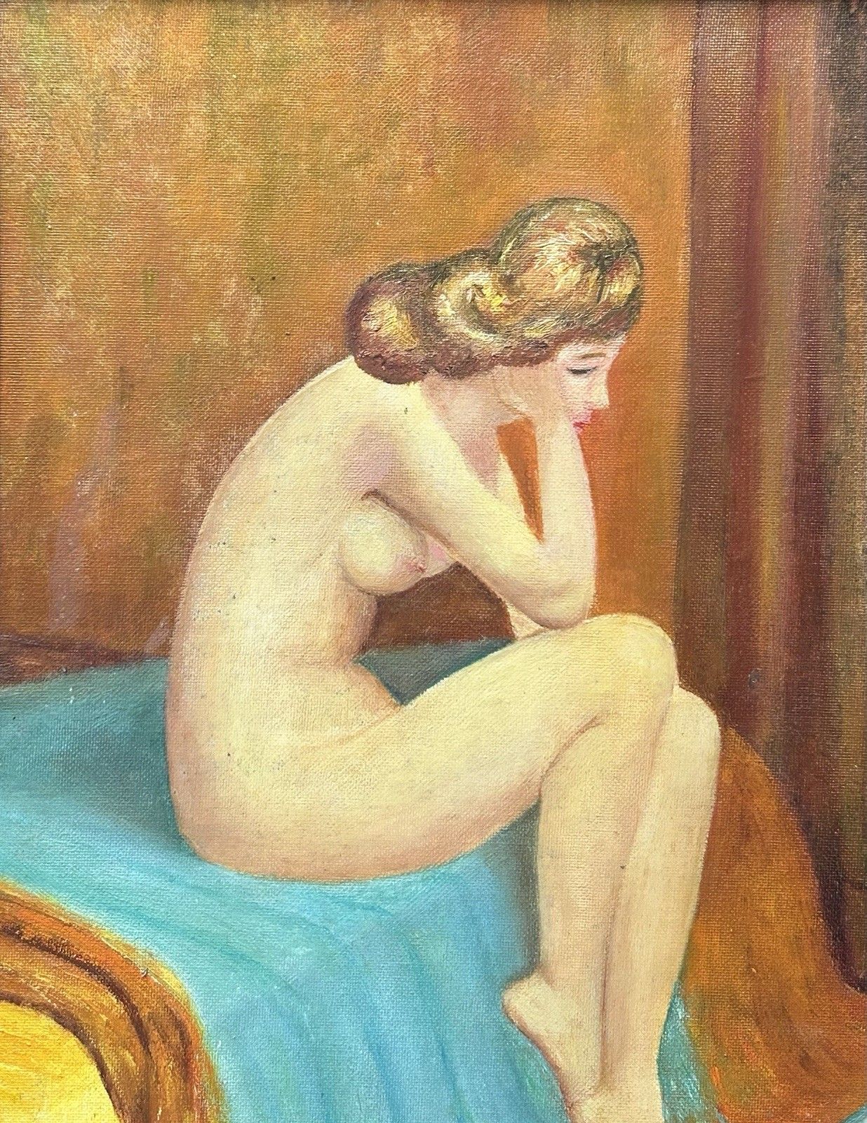 Nude Female Portrait, Original Antique Oil Painting On Hardboard, Framed photo Art