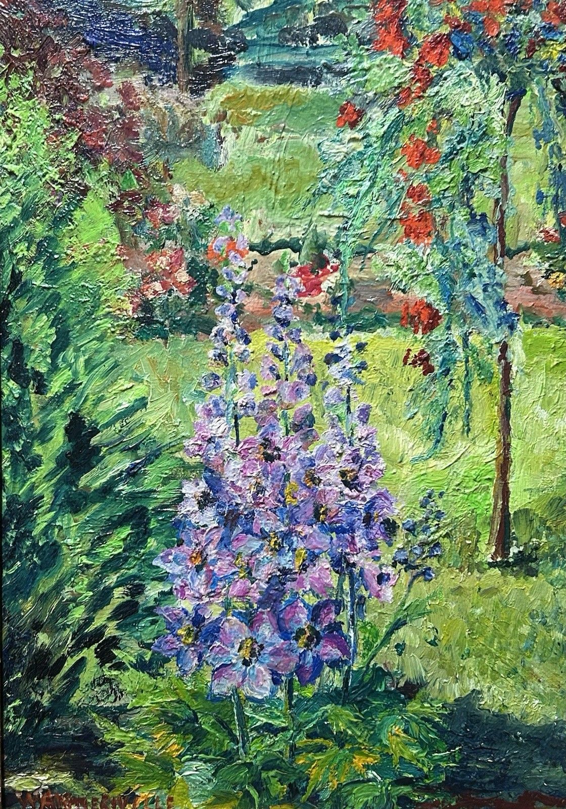 Large Vintage Oil Painting, Garden Landscape, Hand Made, Framed photo furniture