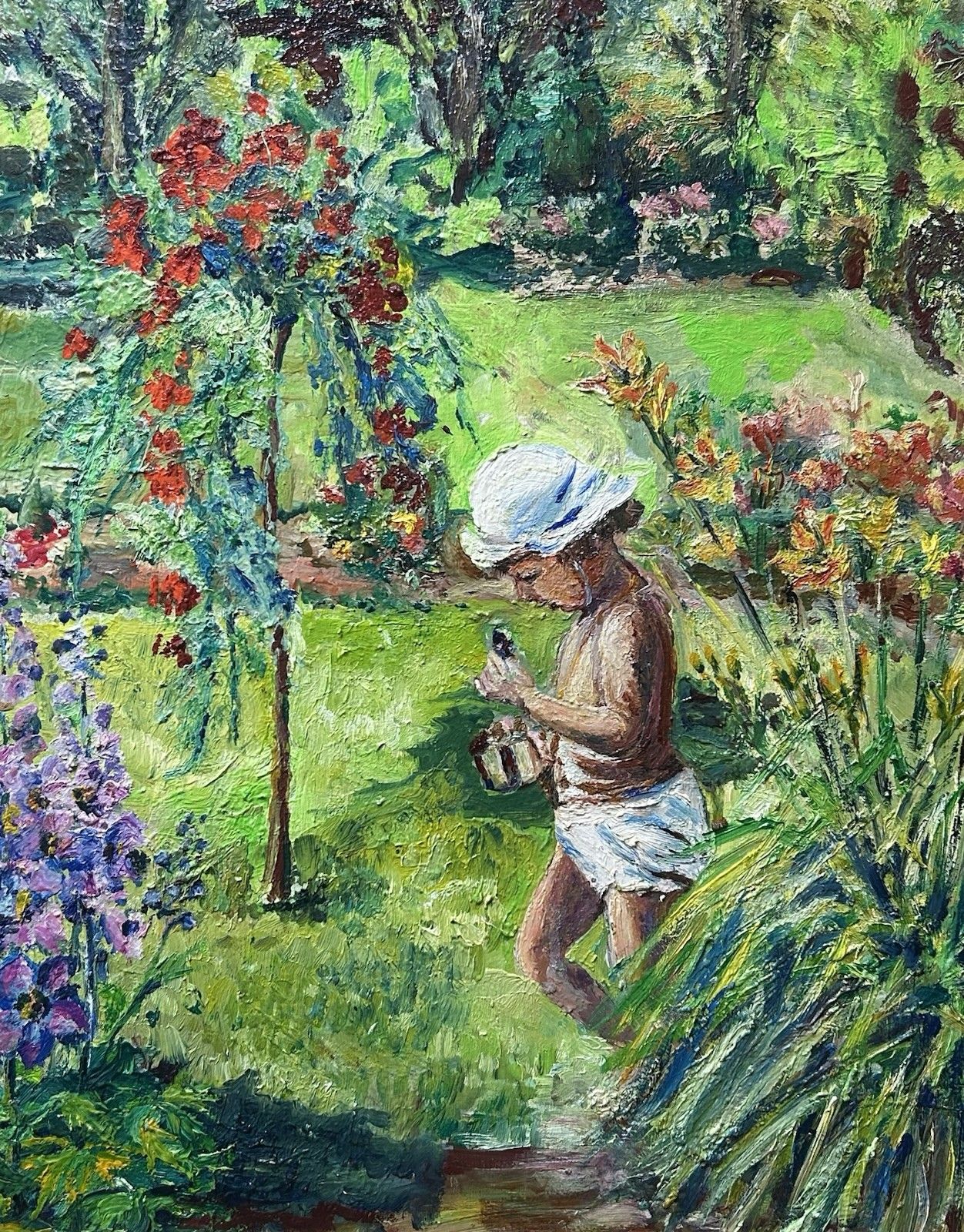 Large Vintage Oil Painting, Garden Landscape, Hand Made, Framed photo for sale