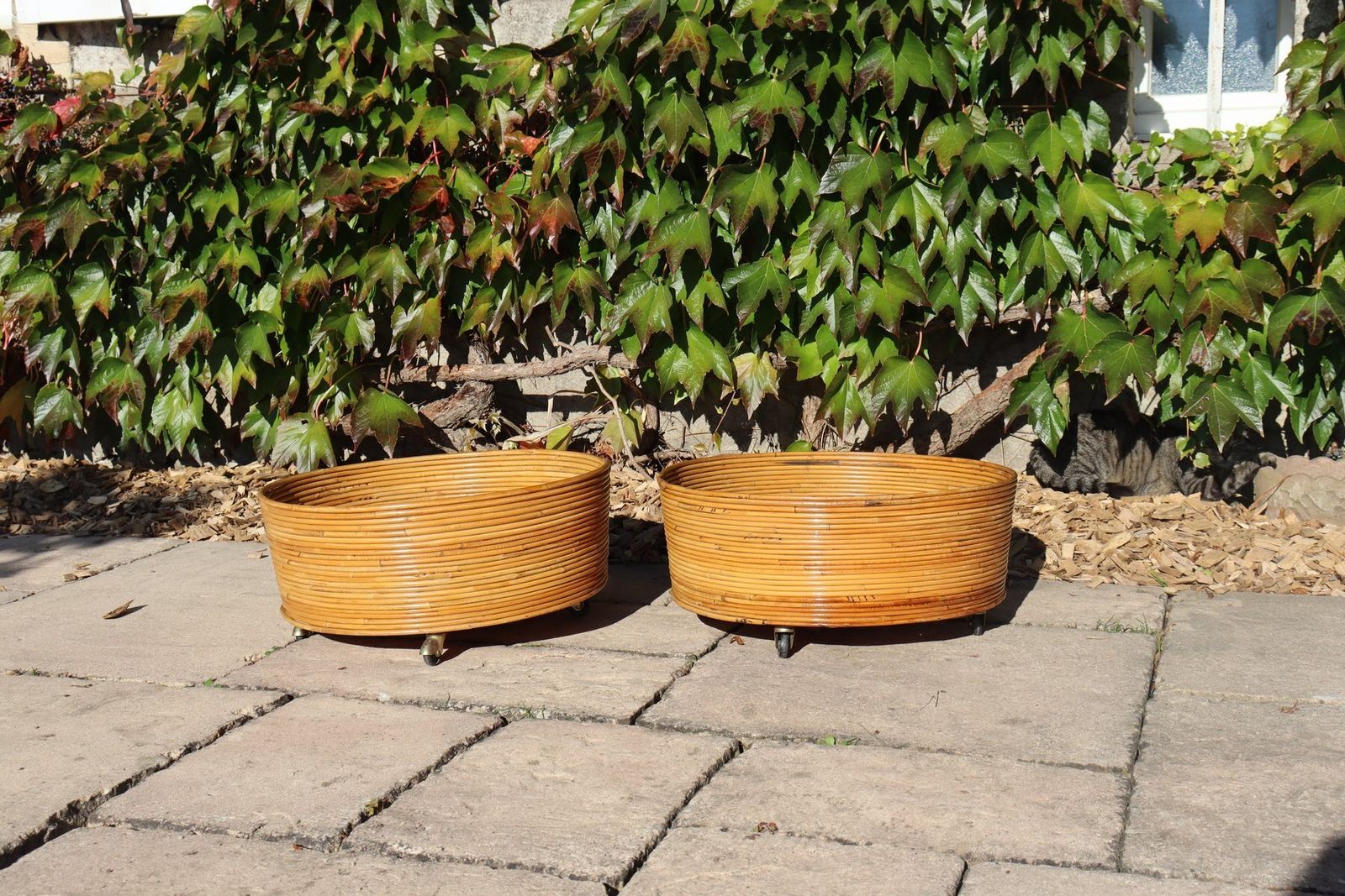 Italian Rattan Planters, 1960s, Set Of 2 photo for sale