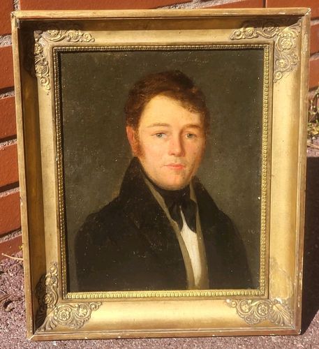 19th Century School. Portrait Of Man. Oil Painting On Canvas Marouflé On Cardboard Signed photo furniture