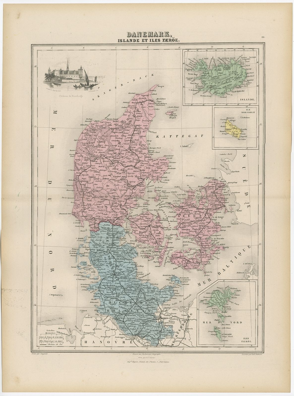 Antique Map Of Denmark, Iceland And The Faroe Islands By Migeon (1880)