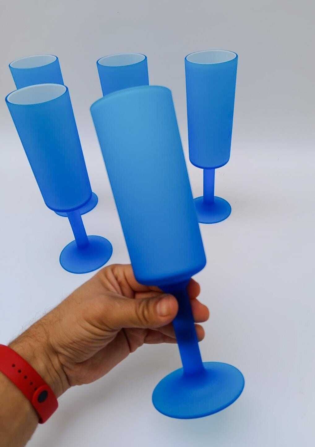 Set Of 5 Champagne Flute Glasses Designed By Carlo Moretti In Turquoise Satin Murano Glass photo for sale