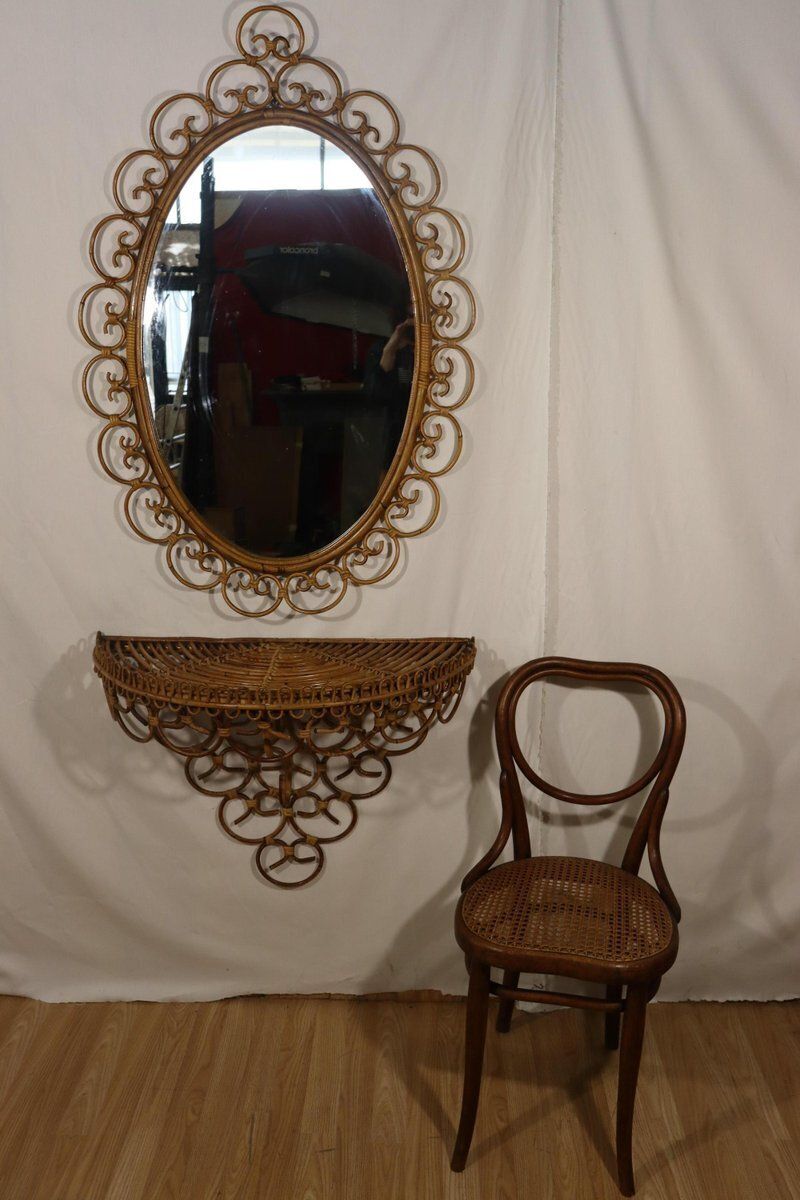 Huge Rattan Entrance Mirror And Saddle By Franco Albini, 1960, Set Of 2 photo furniture