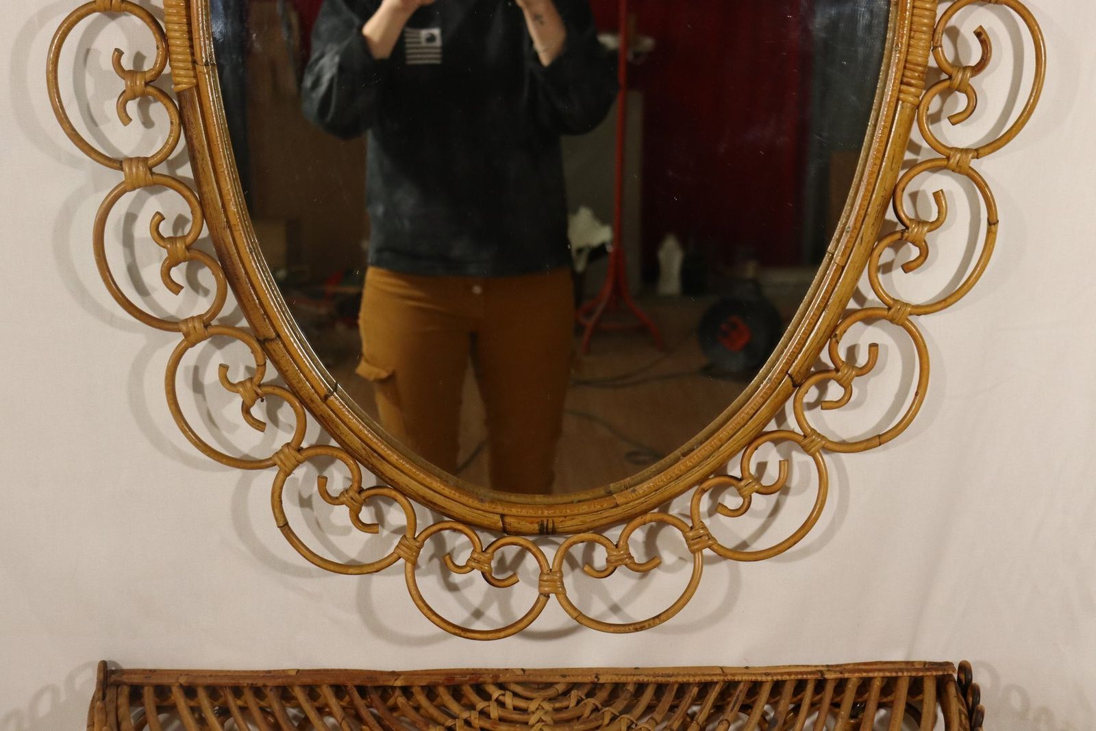 Huge Rattan Entrance Mirror And Saddle By Franco Albini, 1960, Set Of 2 photo vinterior