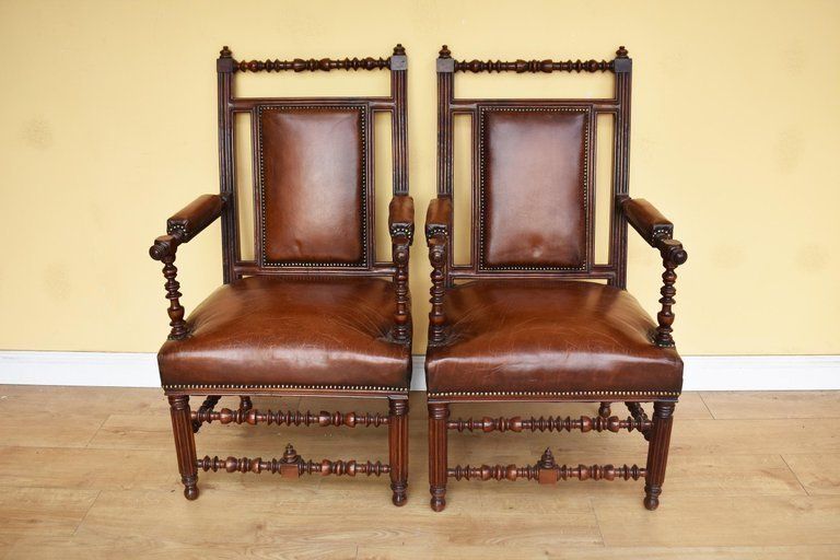 Pair Of 19th Century English Victorian Gothic Revival Walnut Armchairs photo furniture