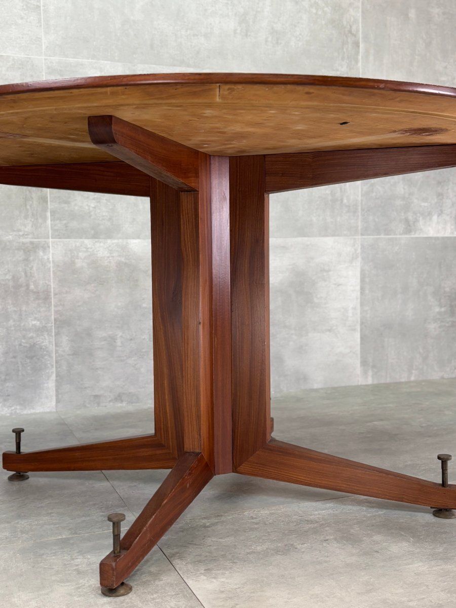 Vintage Circular Dining Table In Wood And Brass, 1950s photo Furniture