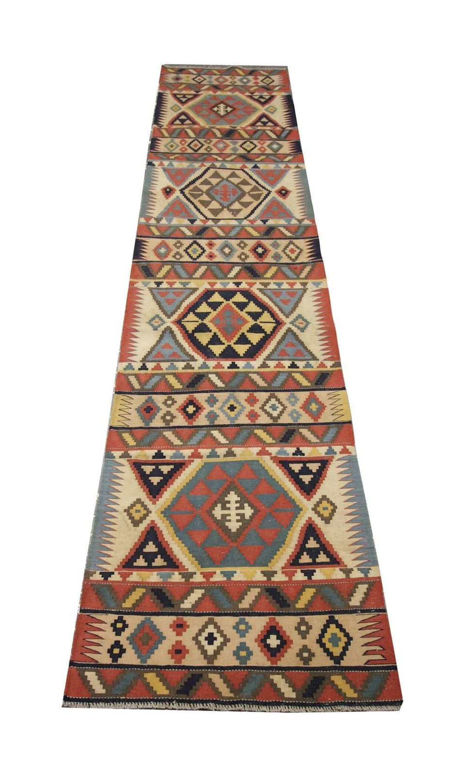 Handmade Wool Kilim Runner Rug Beige With Tribal Geometric Zigzag Patterns photo for sale